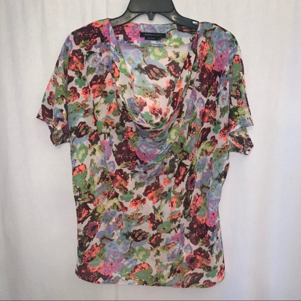 BCBGMaxAzria Neon‎ Pink Floral Blouse Cowl Neck
